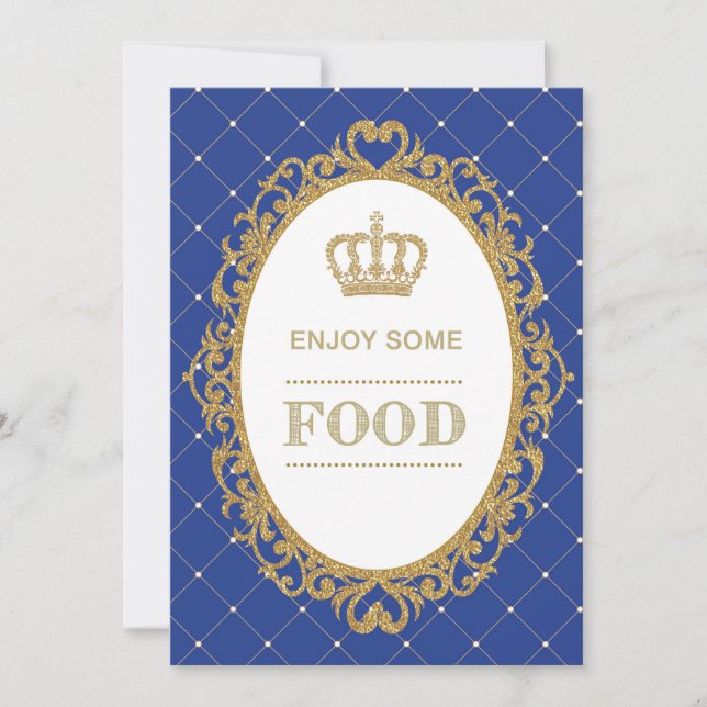Prince Food Sign Royal Blue Gold Baby Shower Decor Invitation (Front)