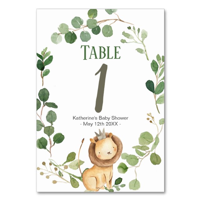 Prince Greenery Lion Baby Shower Table Number (Front)
