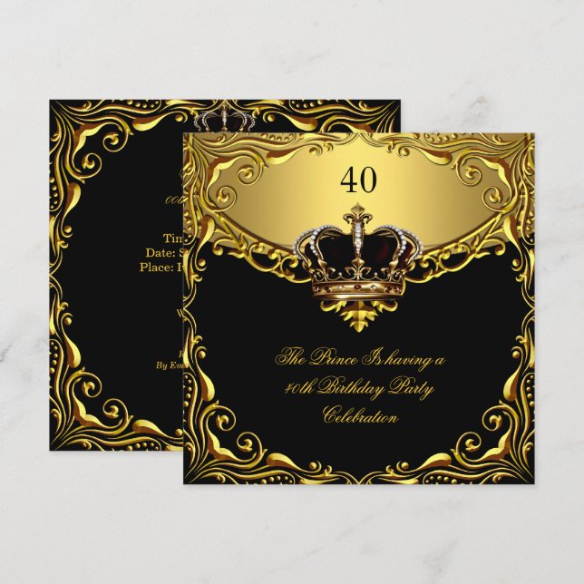 Prince King Gold Royal Black Crown Birthday Invitation (Front/Back)