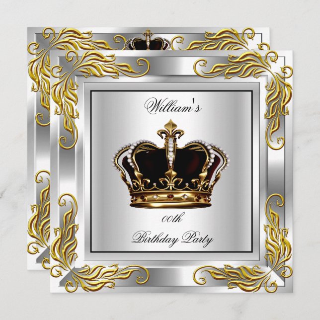 Prince King Men's Crown Silver Birthday Party Invitation (Front/Back)