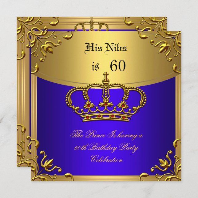 Prince King Red Gold Royal Blue Crown Birthday 60 Invitation (Front/Back)