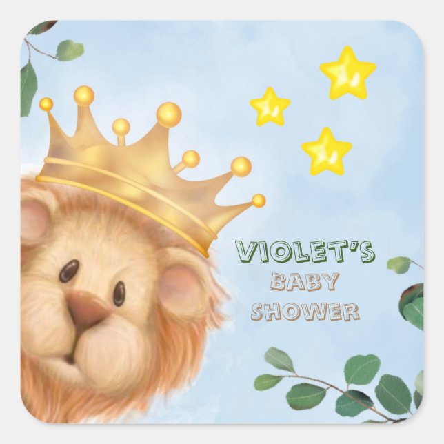 Prince Lion Golden Crown Eucalyptus Baby Shower Square Sticker (Front)