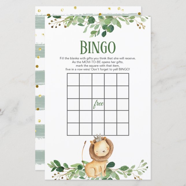 Prince Lion Greenery Baby Shower Bingo Games (Front/Back)