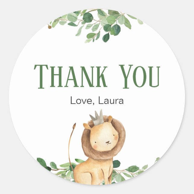 Prince Lion Greenery Floral Baby Shower Classic Round Sticker (Front)