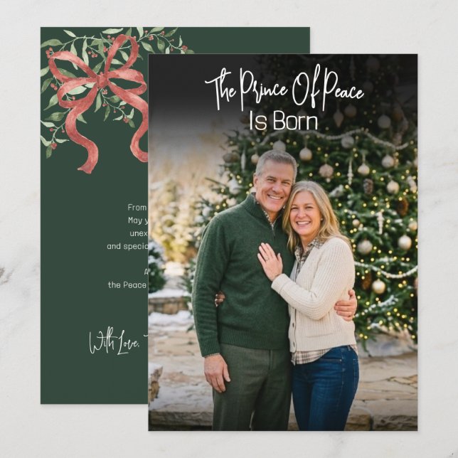 Prince Of Peace Script Bow Photo Christmas Holiday Card (Front/Back)