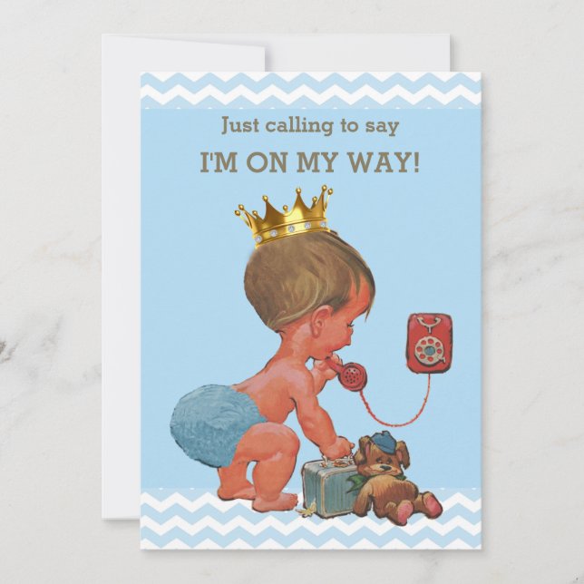 Prince on Phone Baby Shower Chevrons Blue Invitation (Front)
