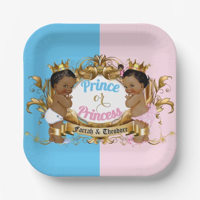 Prince Or Princess Blue & Pink Royal Gender Reveal Paper Plate (Front)