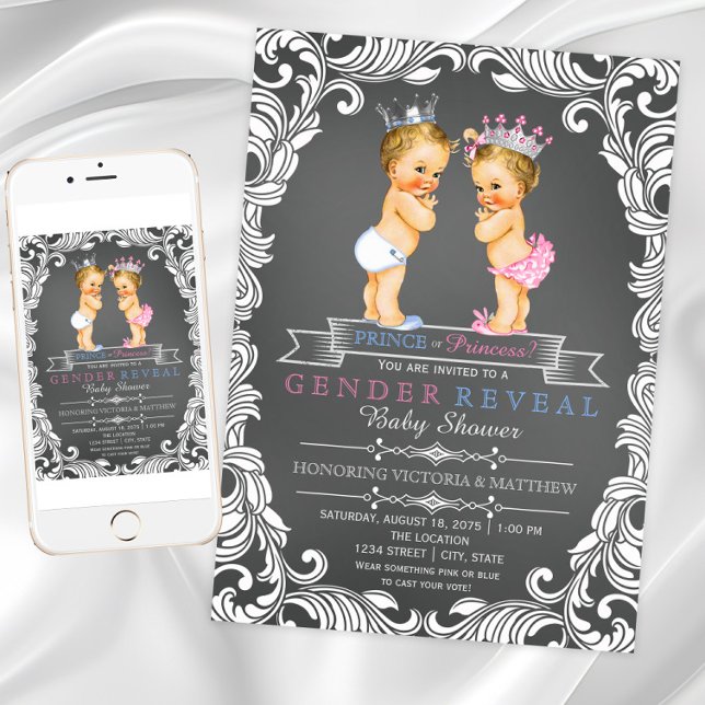 Prince or Princess Chalk Gender Reveal Invitation (Prince or Princess gender reveal invitations. Instant download and printed invitations available. )
