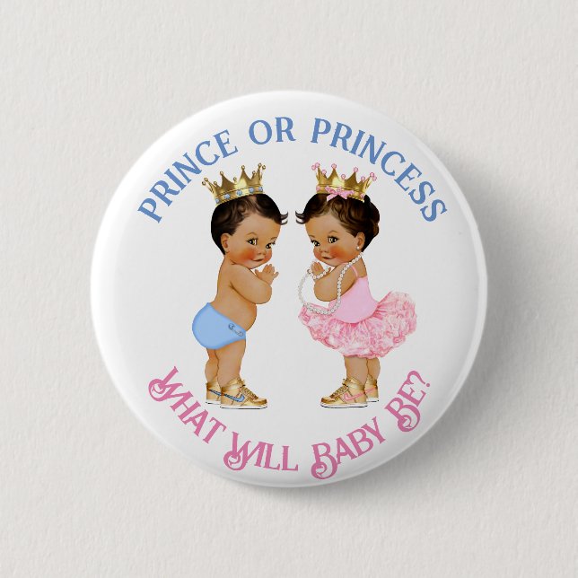 Prince or Princess Gender Reveal Pink Blue Gold 6 Cm Round Badge (Front)
