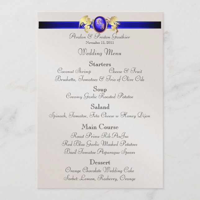 Prince & Princess Blue Jewel Crest Wedding Menu (Front)