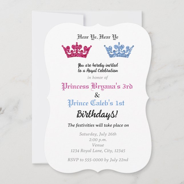 Prince Princess Crowns Twins Party Pink & Blue Invitation (Front)