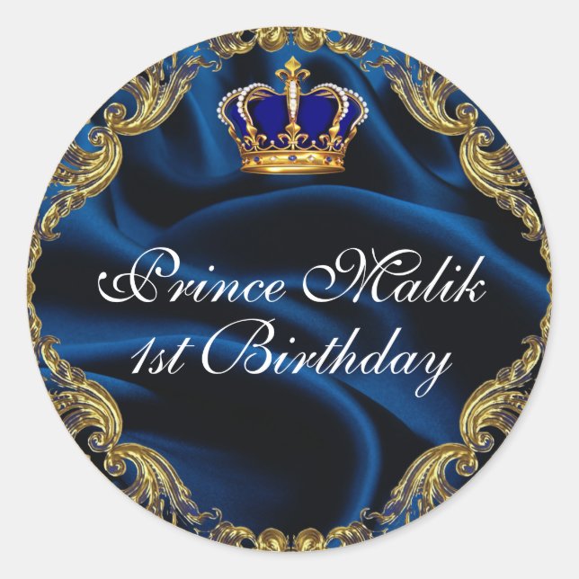 Prince Royal blue and gold crown and silk Classic Round Sticker (Front)