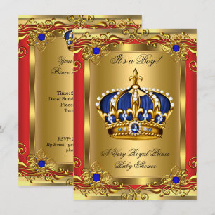 Prince Royal Blue Boy Baby Shower Regal Red Gold 2 Invitation