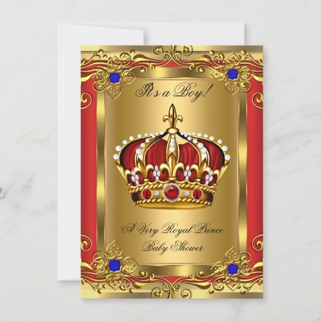 Prince Royal Blue Boy Baby Shower Regal Red Gold 3 Invitation (Front)