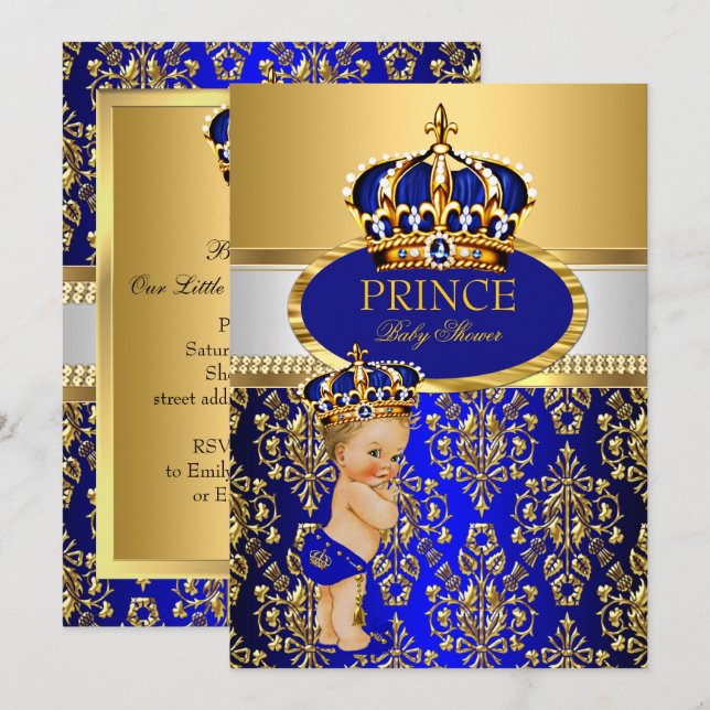 Prince Royal Blue Crown Baby Shower Blonde Boy Invitation (Front/Back)