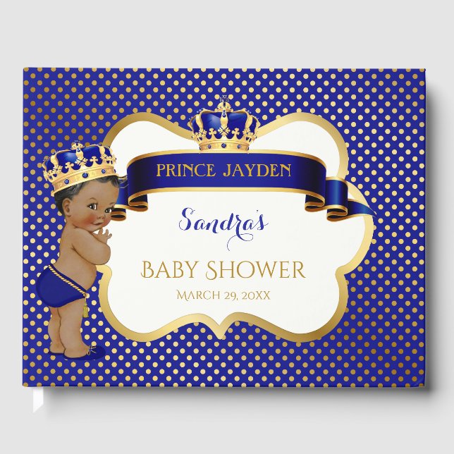 Prince Royal Blue Gold African American Baby Boy Guest Book (Front)