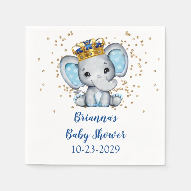 Prince Royal Blue Gold Elephant Boy Baby Shower Napkin (Front)