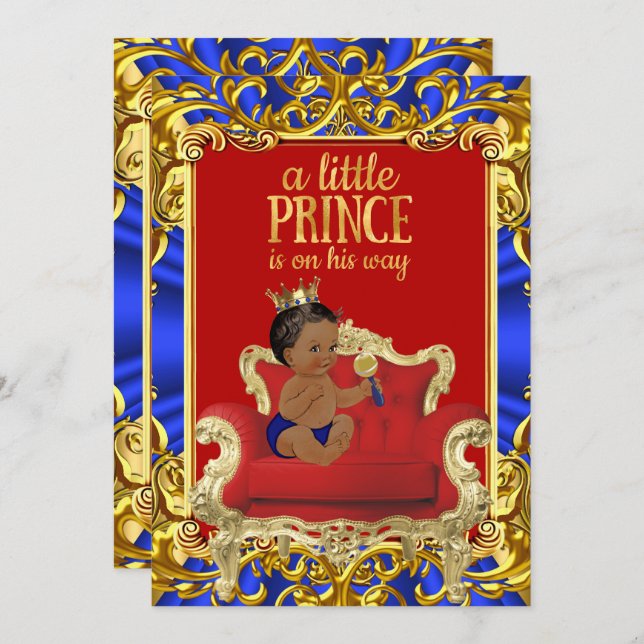 Prince Royal Blue Red Throne Baby Shower Ethnic Invitation (Front/Back)