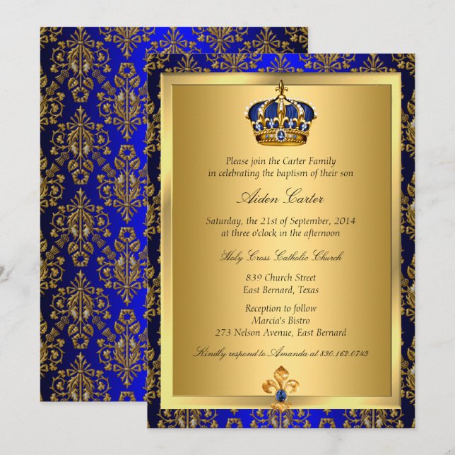 Prince Royal Blue Regal Crown Baptism Invite (Front/Back)