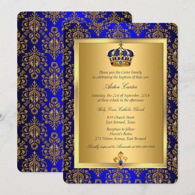 Prince Royal Blue Regal Crown Baptism Invite (Front/Back)