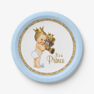 Prince Teddy Bear Boy Baby Shower Paper Plate