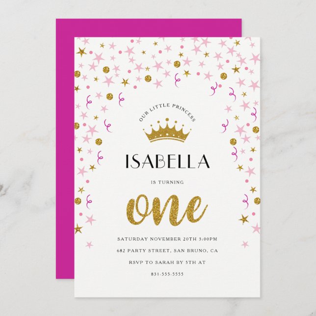 Princess 1st Birthday | Gold & Pink Confetti Invitation (Front/Back)