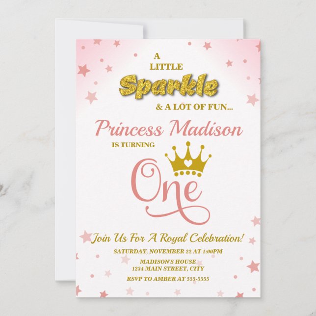 Princess 1st Birthday Invitation Sparkle Pink Gold (Front)