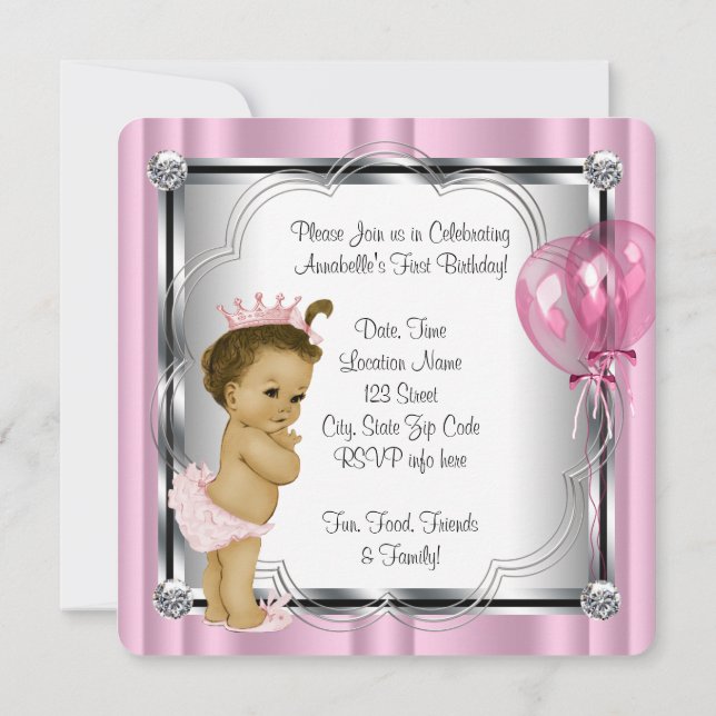Princess 1st Birthday Party Invitation (Back)