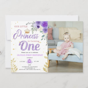 Princess 1St Birthday Photo Crown Lilac Purple Invitation