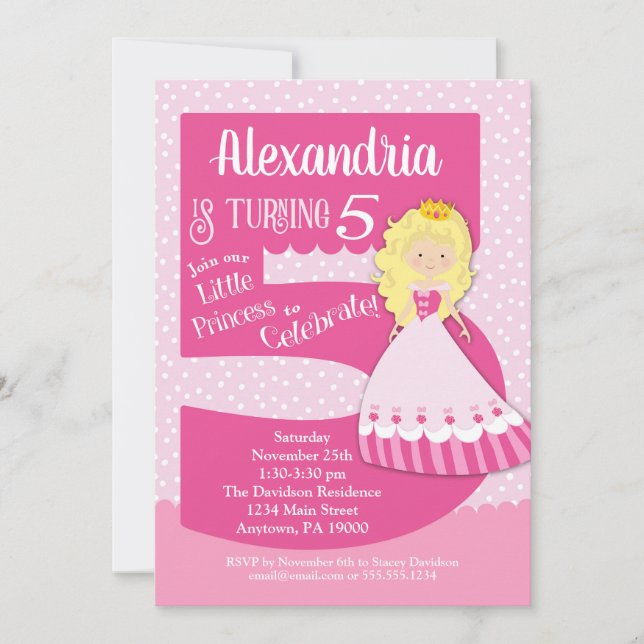 Princess 5th Birthday Invitation Blonde Girl (Front)
