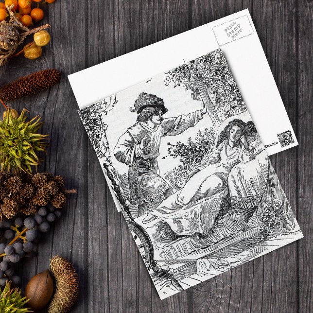 Princess alseep in Bed in the Forest Prince Postcard (Fairy tale scene sleeping princess with prince on black and white postcard.)