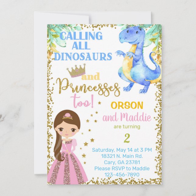Princess and dinosaur siblings birthday invitation (Front)