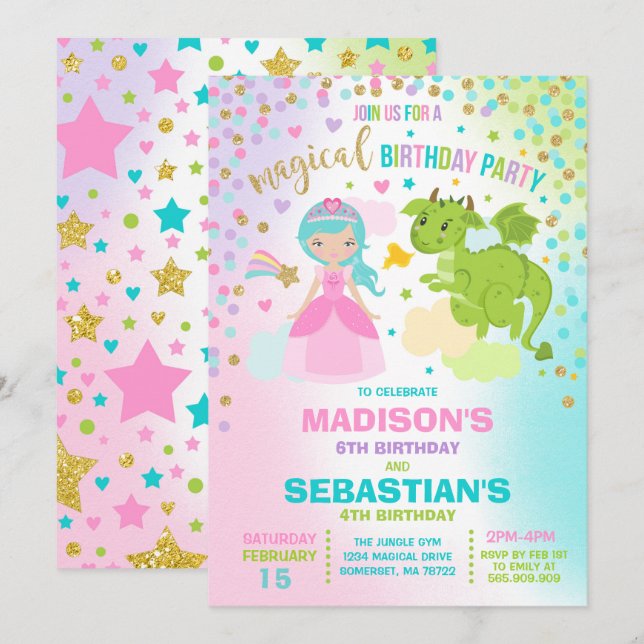 Princess And Dragon Birthday Invitation Siblings (Front/Back)