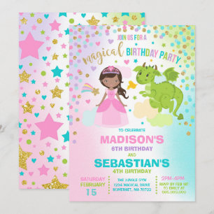 Princess And Dragon Birthday Invitation Siblings