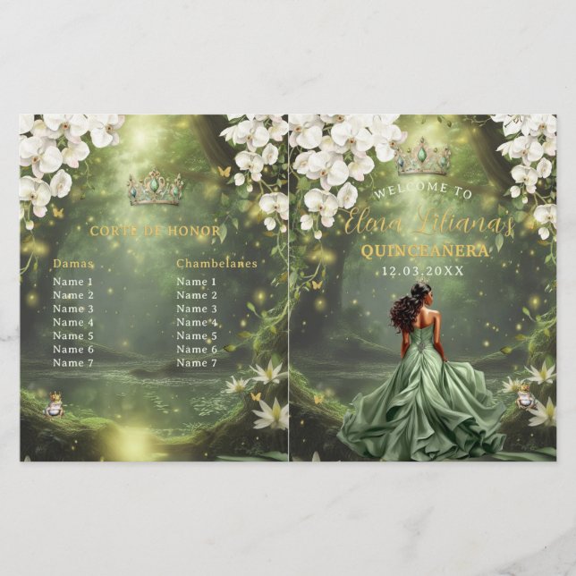 Princess and Frog Sage Green Quinceanera Program (Front)