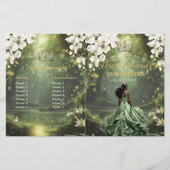Princess and Frog Sage Green Quinceanera Program (Front)