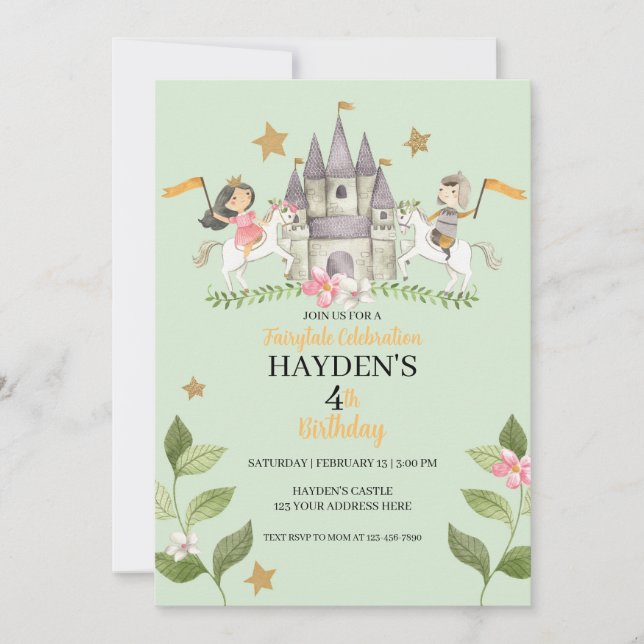 Princess and Knight party, Princess, kids Birthday Invitation (Front)