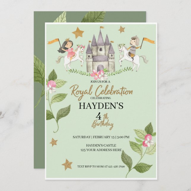 Princess and Knight party, Princess, kids Birthday Invitation (Front/Back)
