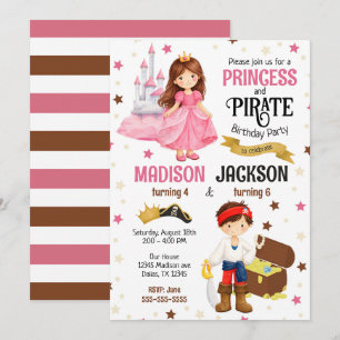 Princess and Pirate Kids Siblings Joint Birthday  Invitation