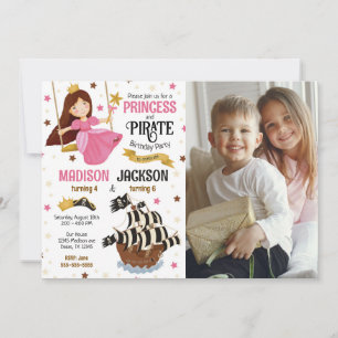 Princess and Pirate Photo Siblings Joint Birthday  Invitation