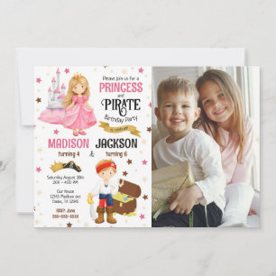 Princess and Pirate Photo Siblings Joint Birthday Invitation