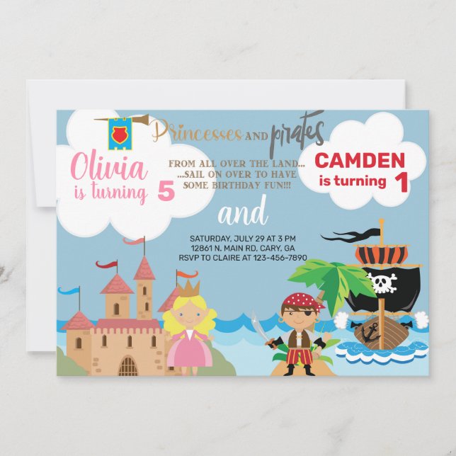 Princess and pirate siblings birthday invitation. invitation (Front)