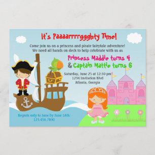 Princess and Pirate Twins Joint Birthday Party Invitation