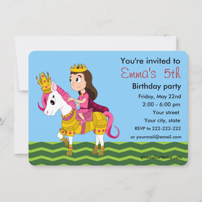 Princess and pony cartoon birthday invitations (Front)