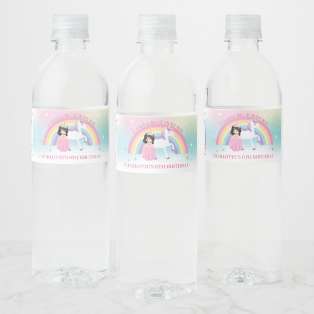Princess and Rainbow Unicorn Birthday Party Favour Water Bottle Label (Bottles)