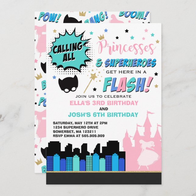 Princess And Superhero Birthday Invitation (Front/Back)