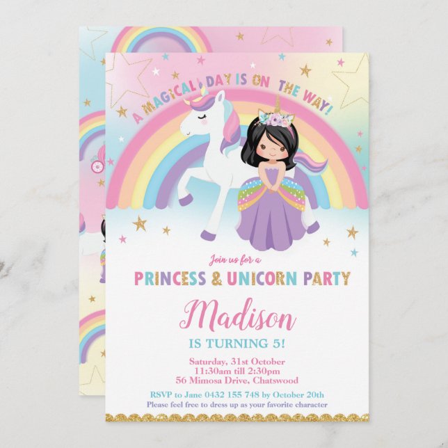 Princess and Unicorn Birthday Party Rainbow Invitation (Front/Back)