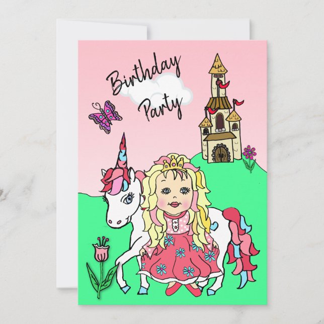 Princess and Unicorn Girl's Birthday Party Invitation (Front)