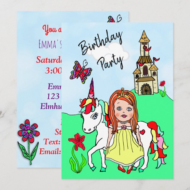 Princess and Unicorn Girl's Birthday Party Invitation (Front/Back)