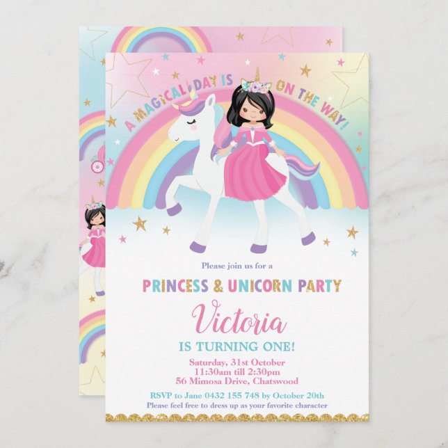 Princess and Unicorn Rainbow Castle Birthday Party Invitation (Front/Back)